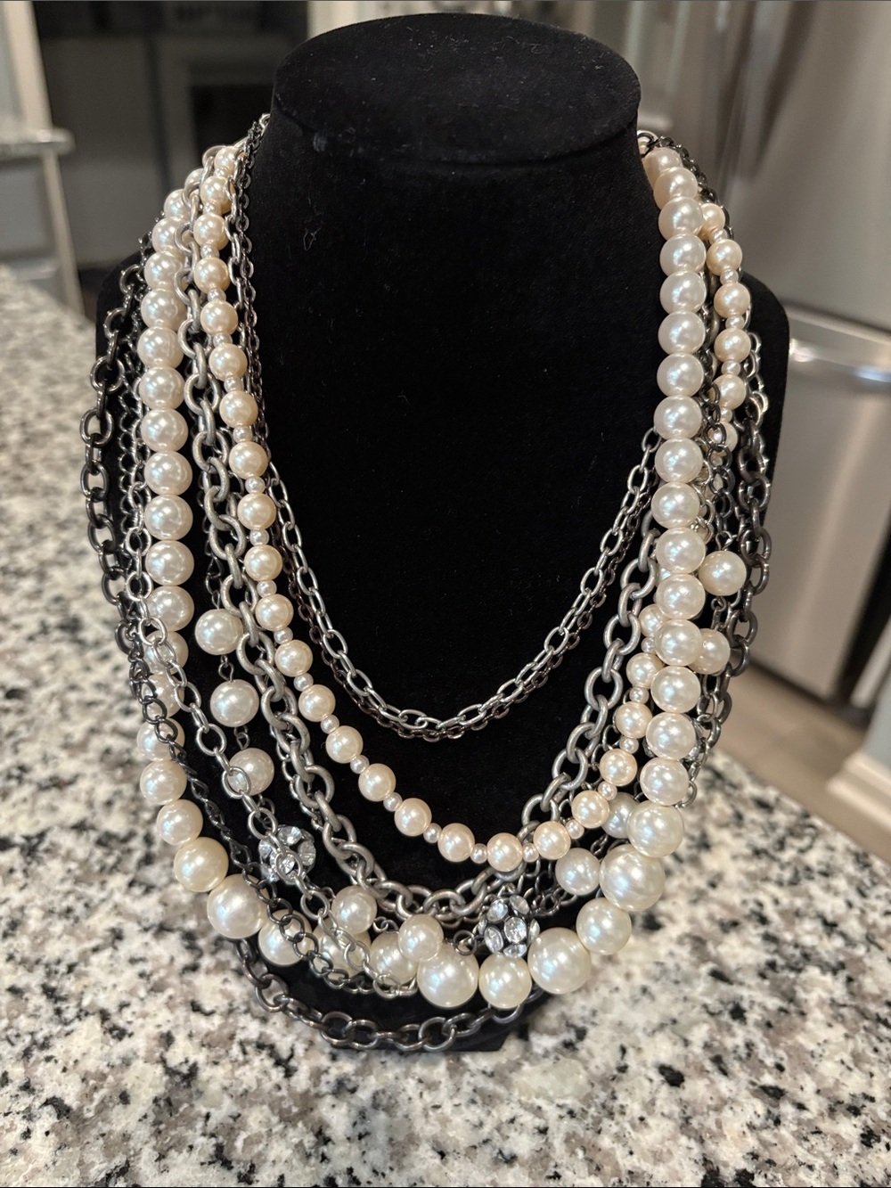 Multi-Strand Faux Pearl and Gunmetal Chain Necklace - Elegant Layered Statement